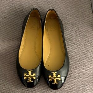 Tory Burch Black Flats with Gold Logo